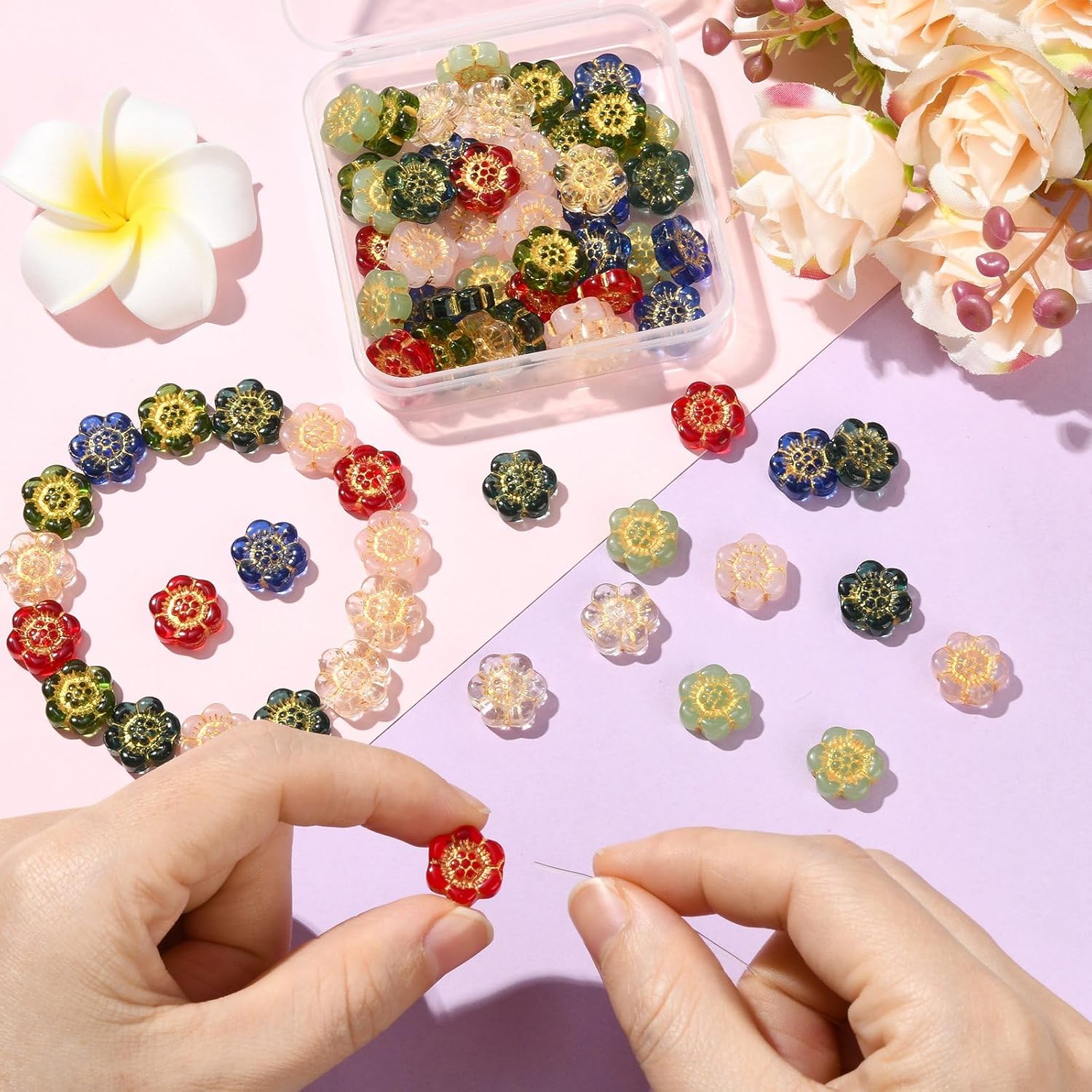 Stiesy Transparent Lampwork Glass Flower Beads 70Pcs, 7 Colors Golden Metal Enlaced Plum Blossom DIY Craft Beads for Elegant DIY Jewelry Making and Craft Projects