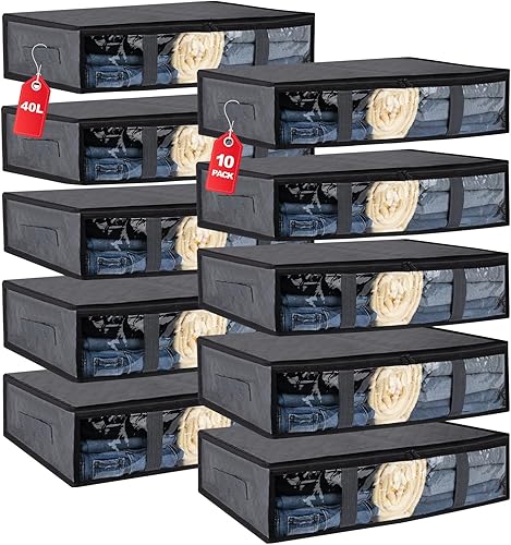 Paquete de 10 contenedores de almacenamiento plegables debajo de la cama para ropa con ventana transparente y asas reforzadas, contenedores de