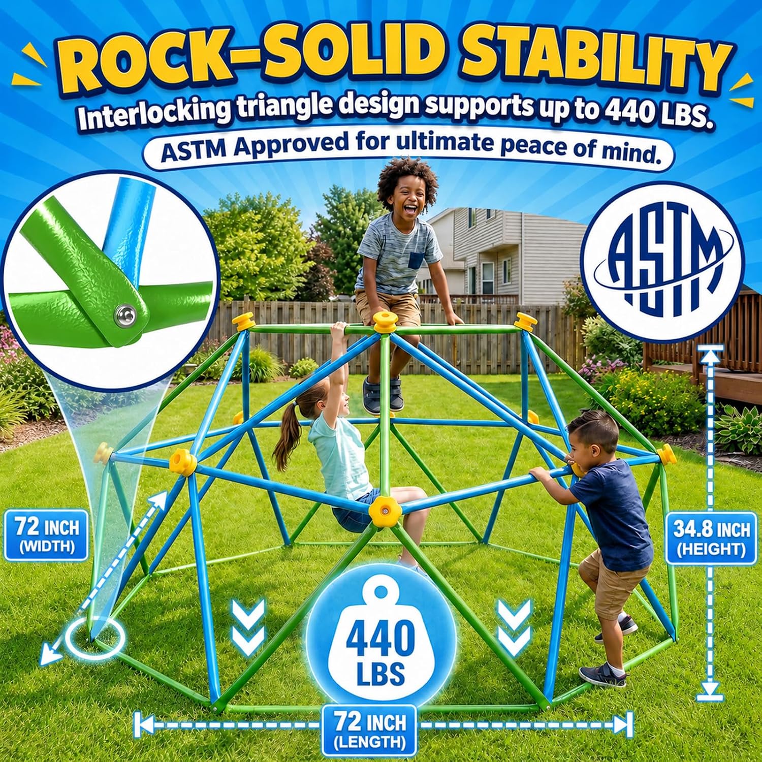 Image showing the Gardenature climbing dome with dimensions labeled: 72 inches width, 72 inches length, and 34.8 inches height. Also shows a 440 lbs weight capacity.