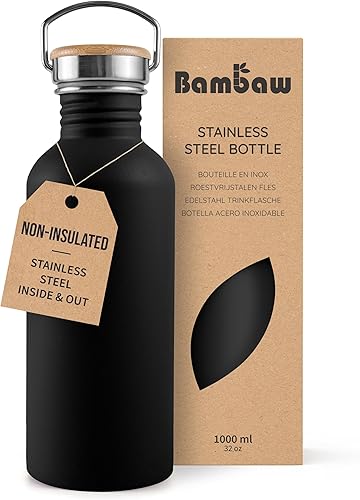 Bambaw Botella de agua de acero inoxidable, Botella deportiva negra, Botella de agua sin aislamiento, 1L de acero inoxidable, Botella reutilizable,