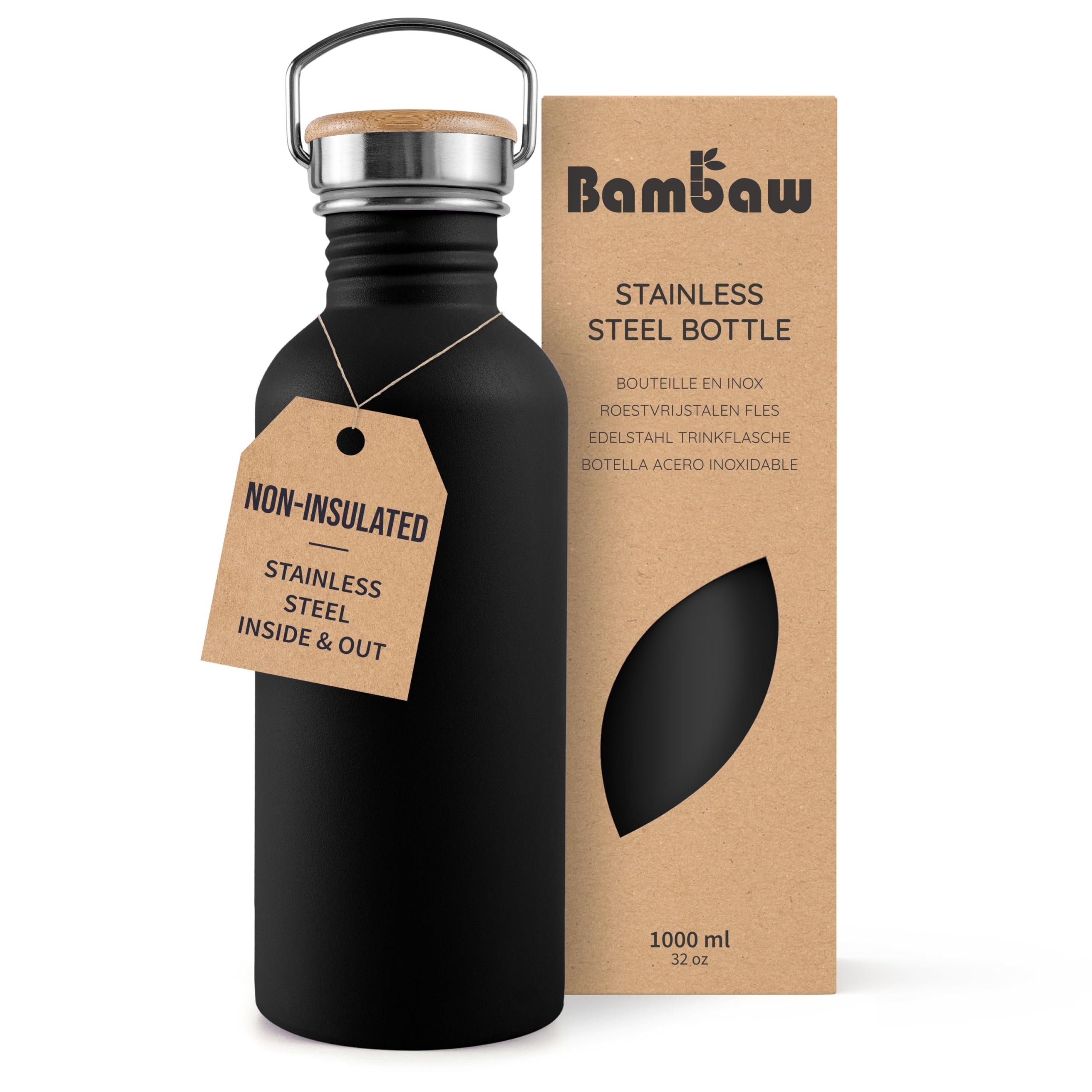 Bambaw Stainless Steel Water Bottle, Onyx Black