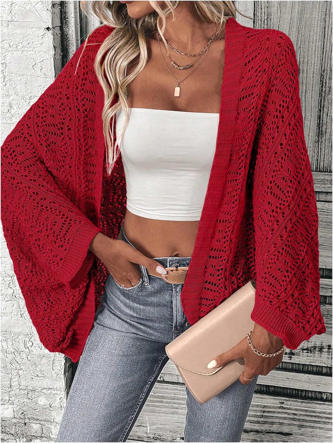 SHENHE Women's Open Front Loose Hollow Out Casual Dolman Sleeve Asymmetrical Cardigan Sweater Spring Outerwear - Image 4