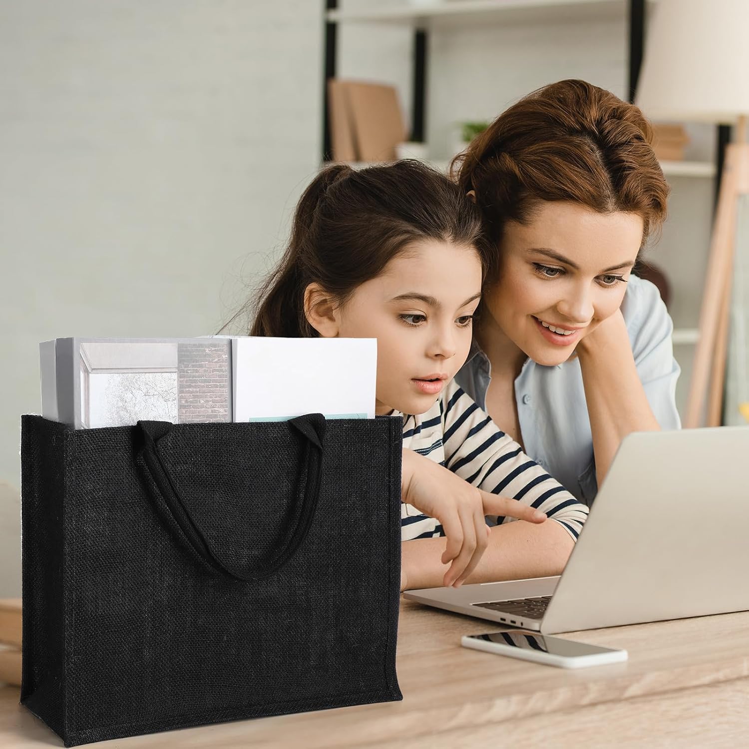 10 Pack Black Burlap Tote Wedding Jute Gift Bags with Handles - Large Reusable Shopping Tote Kitchen Reusable Grocery Bags for Bridesmaid DIY Craft - 15.35 x 5.91 x 12.2 Inch