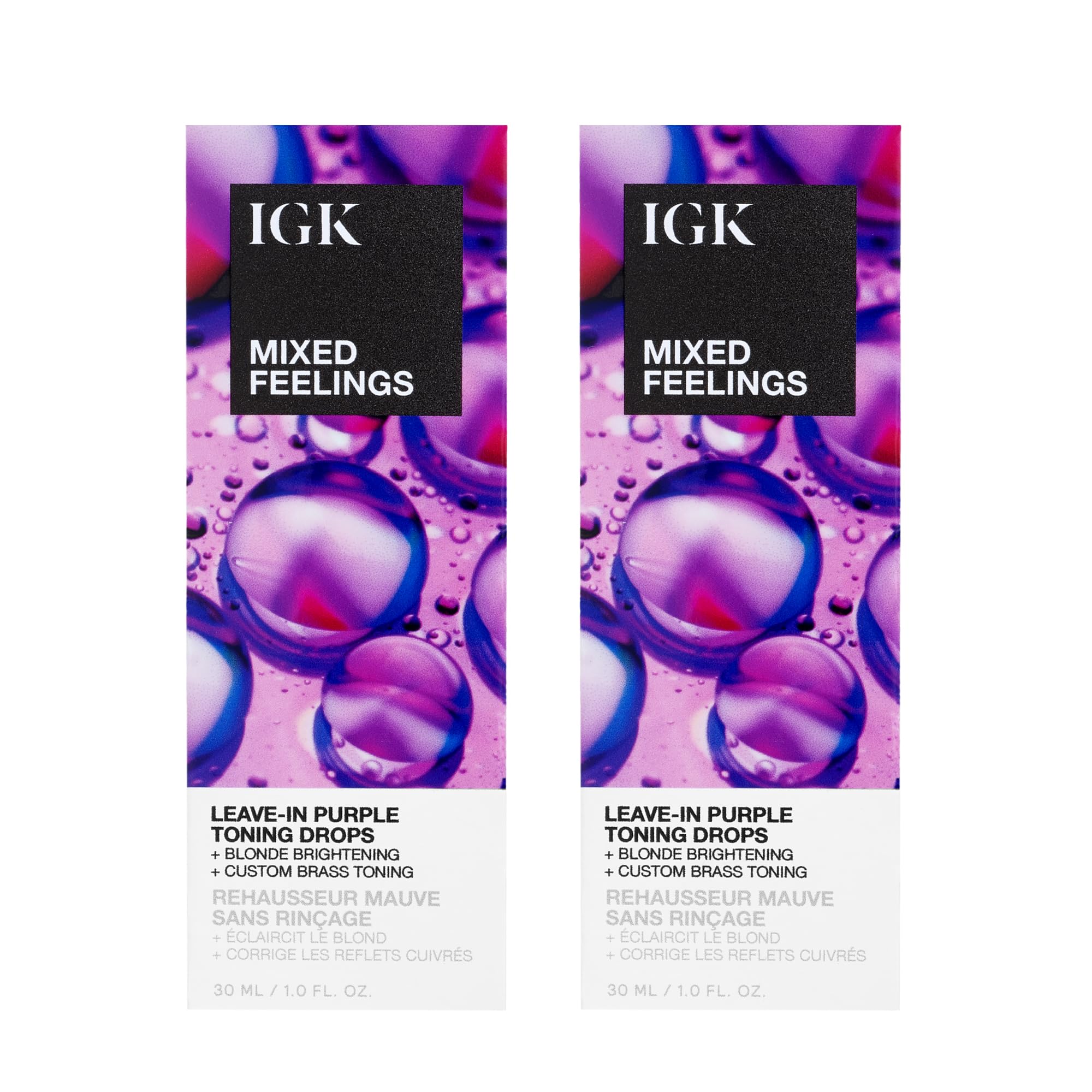 IGK Mixed Feelings Leave-In Blonde Toning Drops 2 pack – Customizable Purple Pigment for Neutralizing Brassiness in Blonde, Silver, and Violet Hair – Sulfate-Free, Paraben-Free