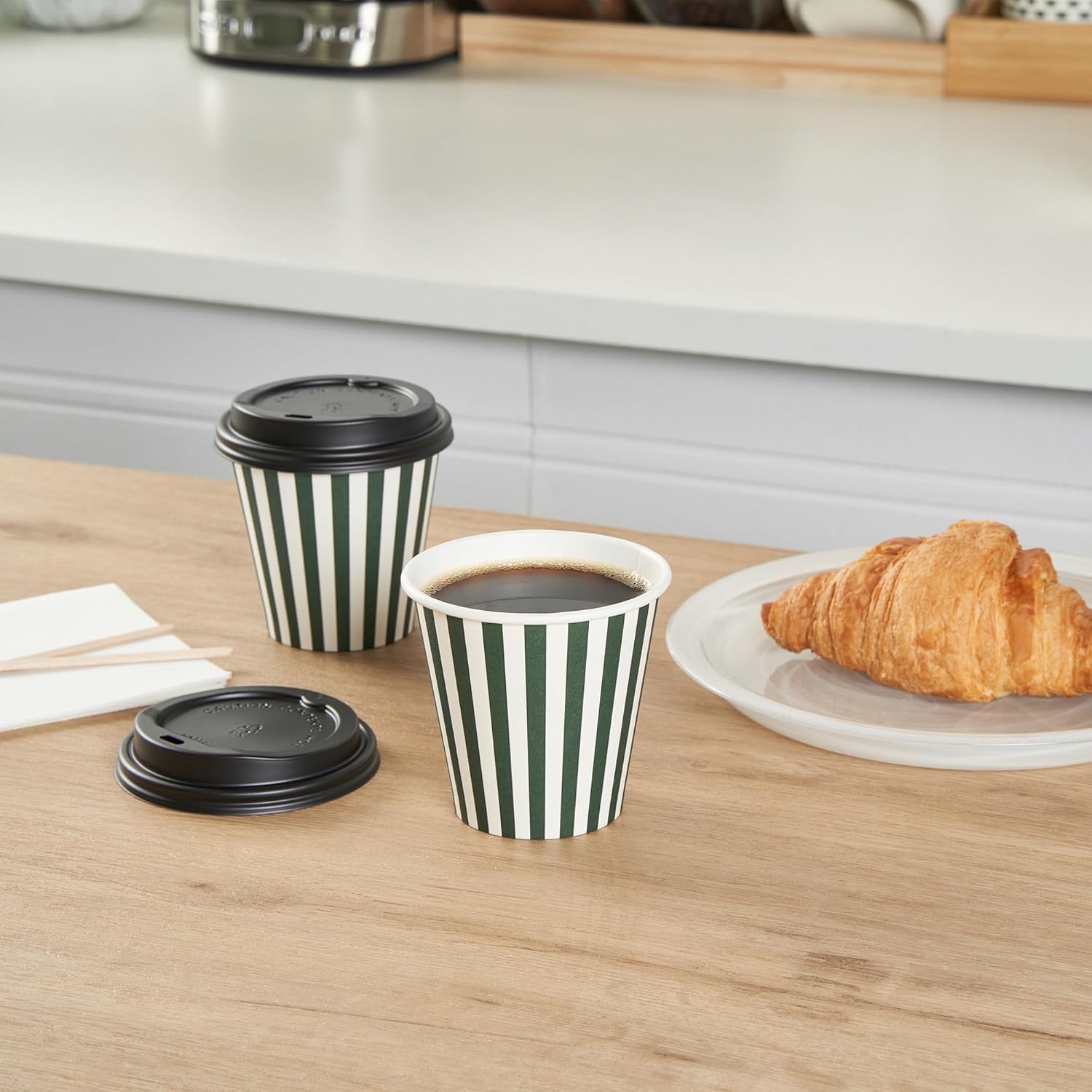 8 Ounce Disposable Coffee Cups With Lids, 20 Hot Cups With Lids - Sleeves Sold Separately, Single Wall, Forest Green And White Stripe Paper Coffee Cups, For All Kinds Of Beverages - Restaurantware - Image 6