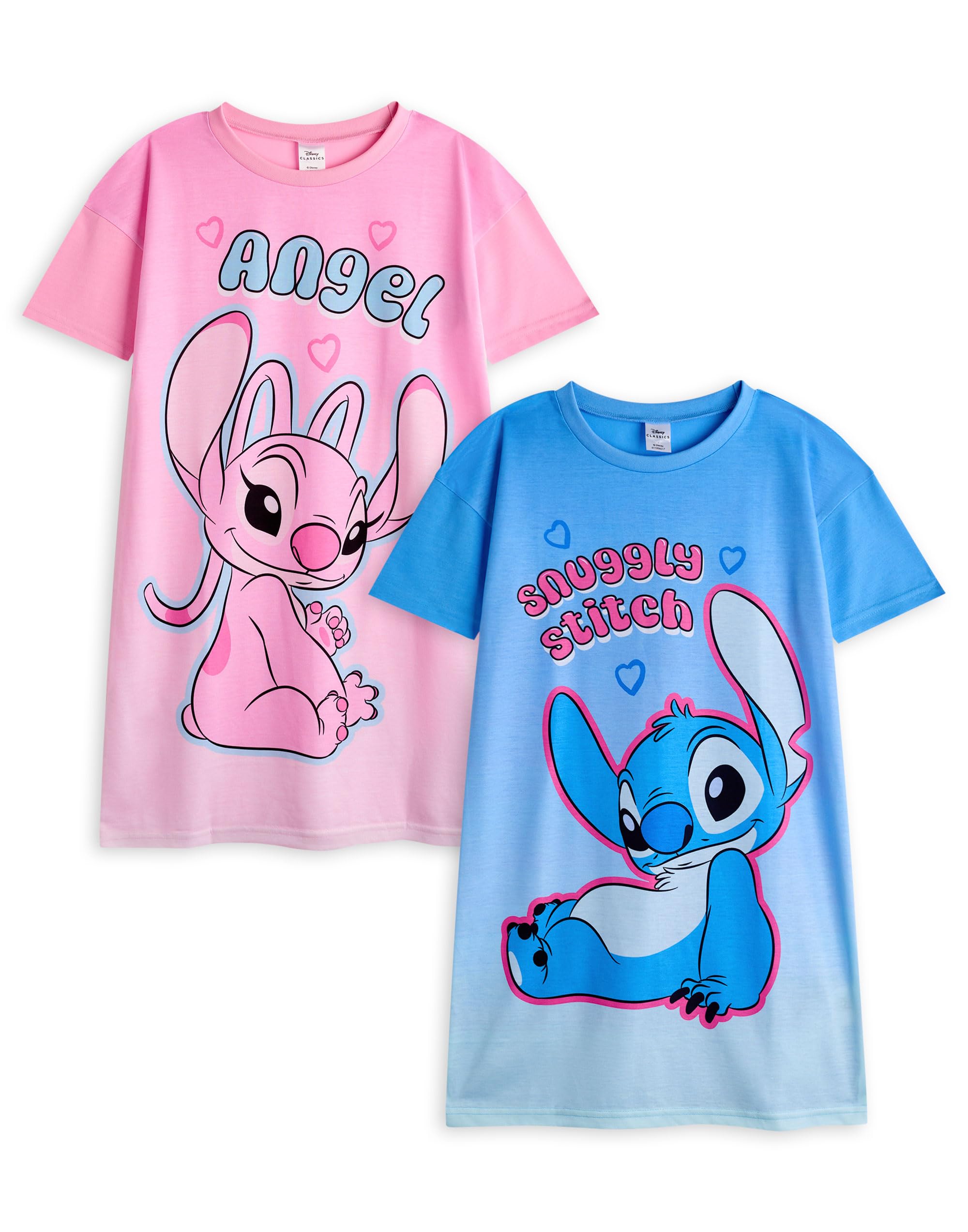 Disney Angel & Stitch Girls Nightdress Pajama Set Pack of 2 | Kids Character Graphic Print Long Sleeve Night T-Shirt & PJ