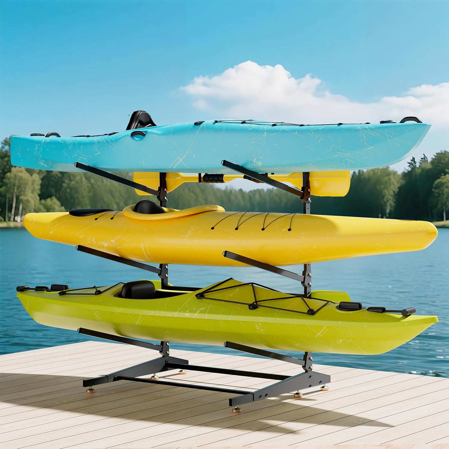 3-Tier Freestanding Kayak Storage Rack, Heavy Duty Outdoor Canoe Stand for Garage & Dock, 330 lbs Capacity, Rust-Proof 304 Stainless Steel Hardware (Black)