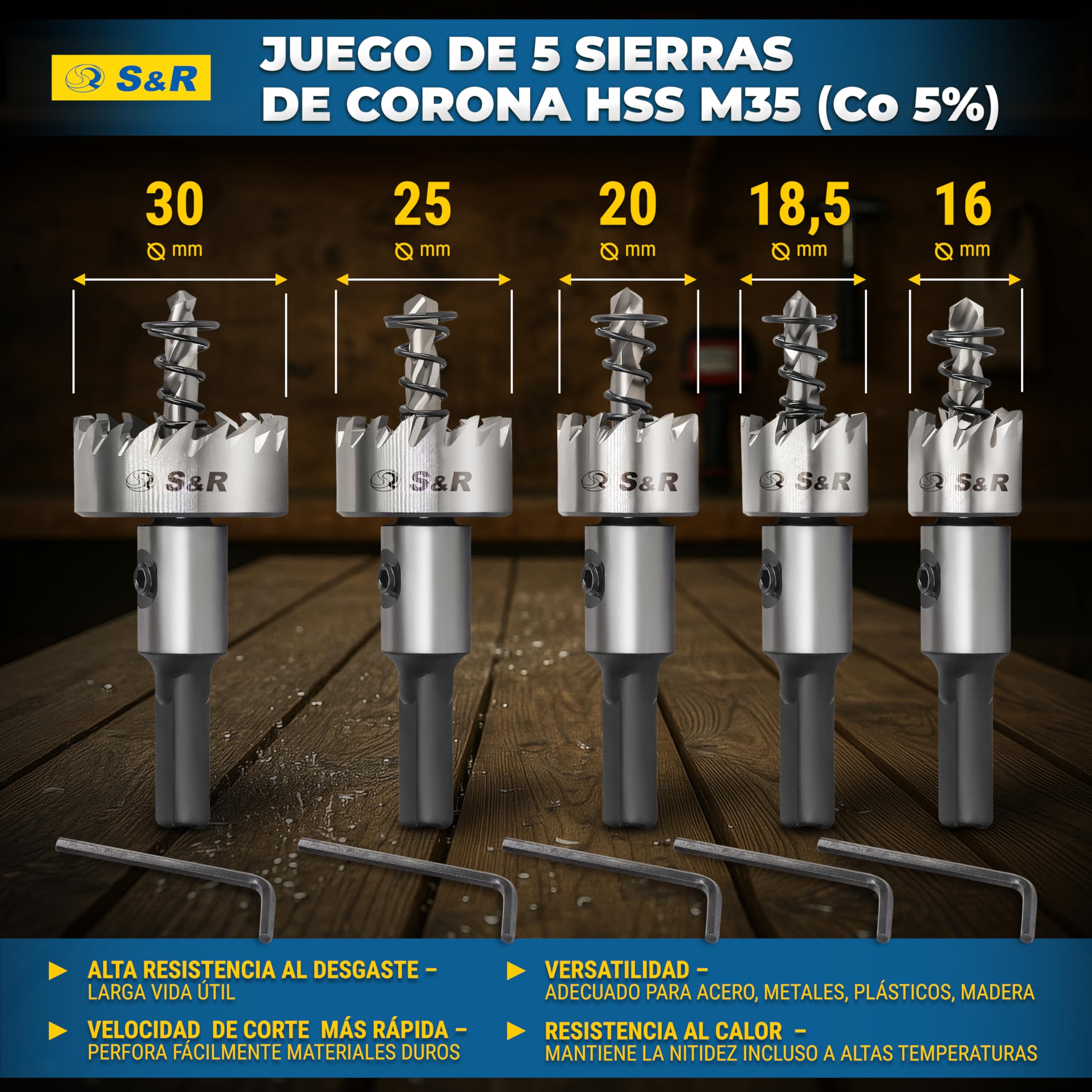 S&R Brocas Sierra Coronas Perforadora Metal. - Juego de 5 Fresas a Taza: 16 + 18,5 + 20 + 25 + 30 mm HSS Cobalto 5% - HRC 64-66