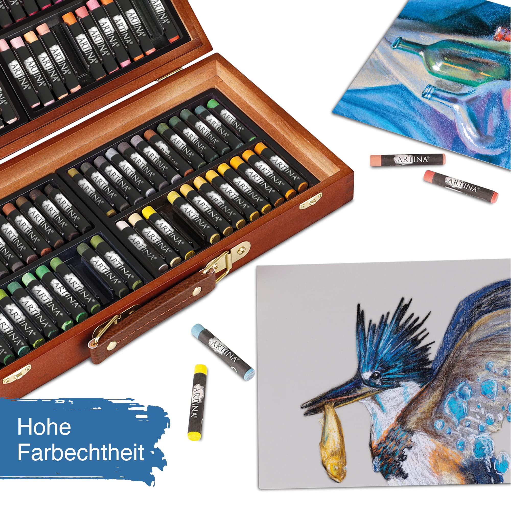 Artina Pastellkreide Set Künstlerkreide 96 Farbtöne im FSC® Zeichenkreide | 96 brillante Softpastellkreide Soft Stifte zum Malen brillanten Farbtönen zertifizierten Holzkoffer Koffer Malkreide Pastilo