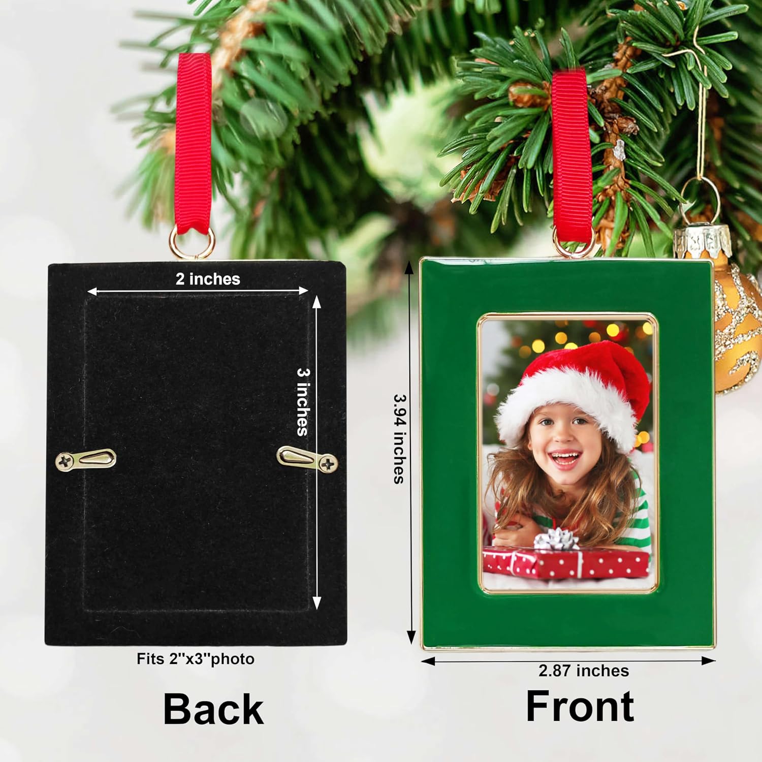 Christmas Picture Frame Ornaments - Set of 4 Green 2x3 Inch Mini Frames with Red Ribbon, Metal Photo Frames for Christmas Tree Decorations, Holiday Gift for Family & Friends