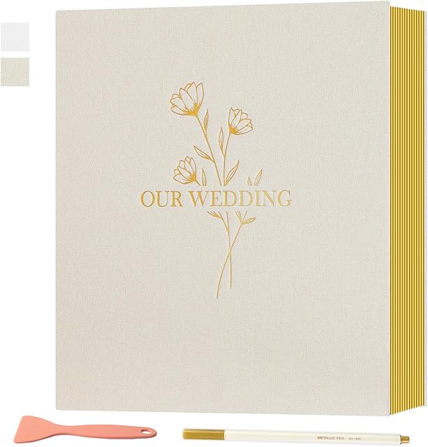 Lanpn Album photo autocollant de mariage 40 Pages, Albums de photos en lin DIY Pages magnétiques collantes 4x6 5x7 A5 Photo pour le mariage (Petit, 20 Feuilles, Beige)