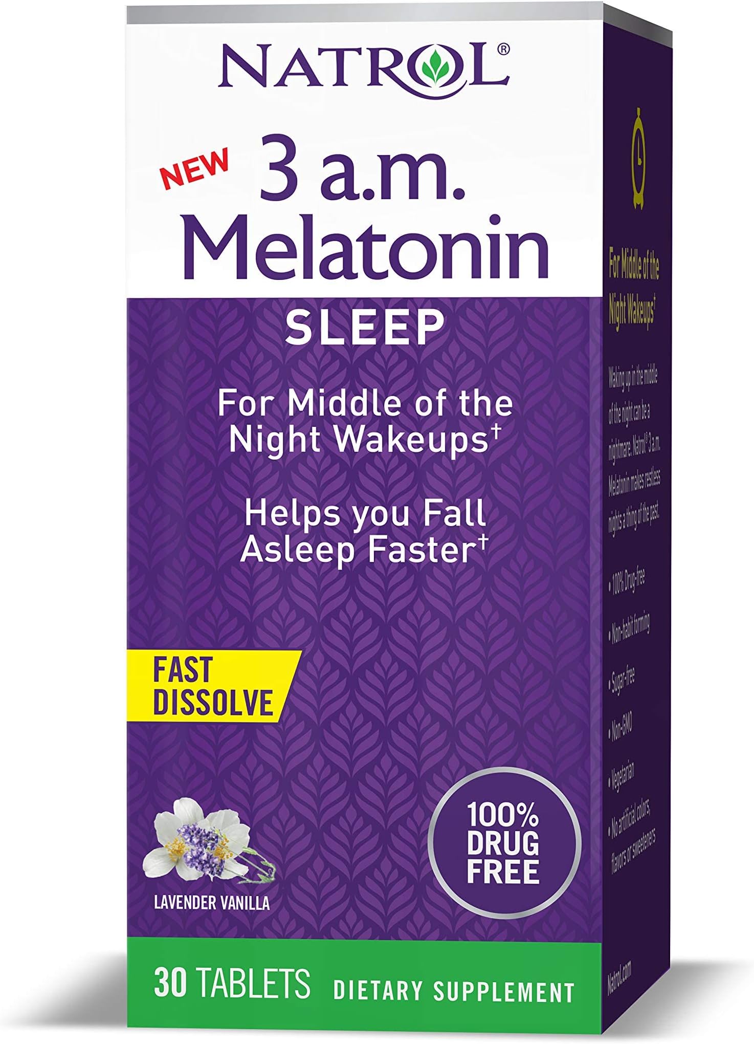 Natrol3 a.m. Melatonin Sleep Aid, Lavender Vanilla Flavor, 30 Fast Dissolve Tablets