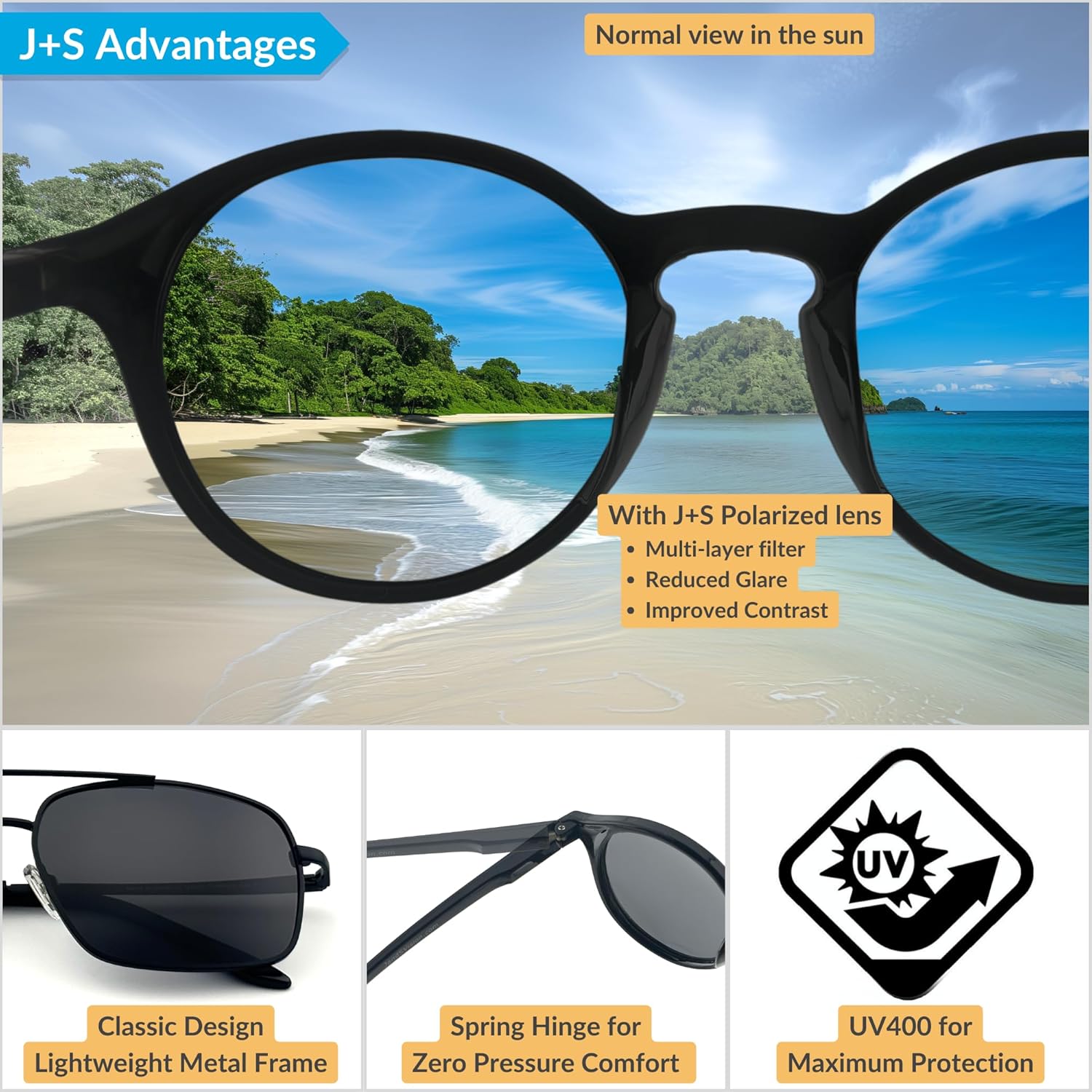 J+S Rua Retro Rectangle Aviator Polarized Sunglasses for Men | Metal Spring Hinge | Polarized 100% UV 400 | Medium-Large Fit - Image 3