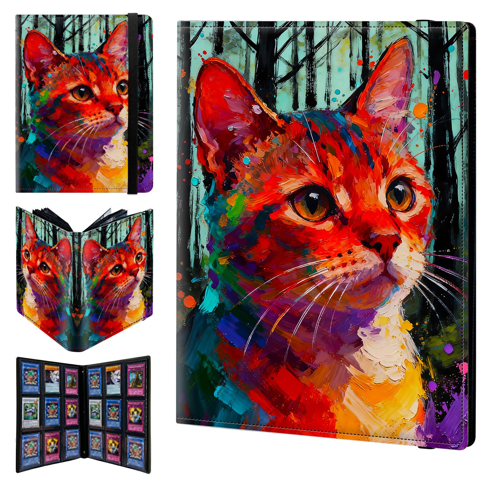 9 Pocket Trading Card Binder 900 Side Loading Pocket Album with Watercolor Cat and Forest Pattern Design Card Binder for Sports Cards & Game Cards