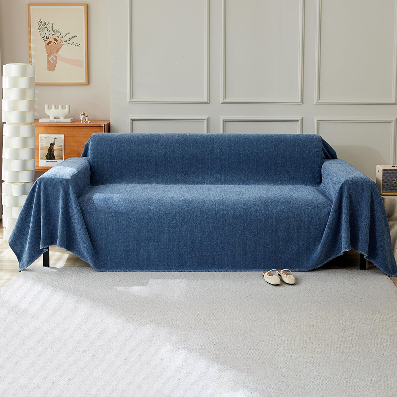 VanderHOME Solid Color Sofa Throws Couch Cover with Decorative Fringe Bedspread, Multifunctional Chenille Sofa blanket,Ideal for Sofa Couch Bench and Bed 230 * 300cm-Blue