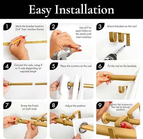 Miniatura 5 de Meriville Prima - Barra telescópica para cortina de doble ventana de 1 pulgada de diámetro, 28 a 48 pulgadas, oro real