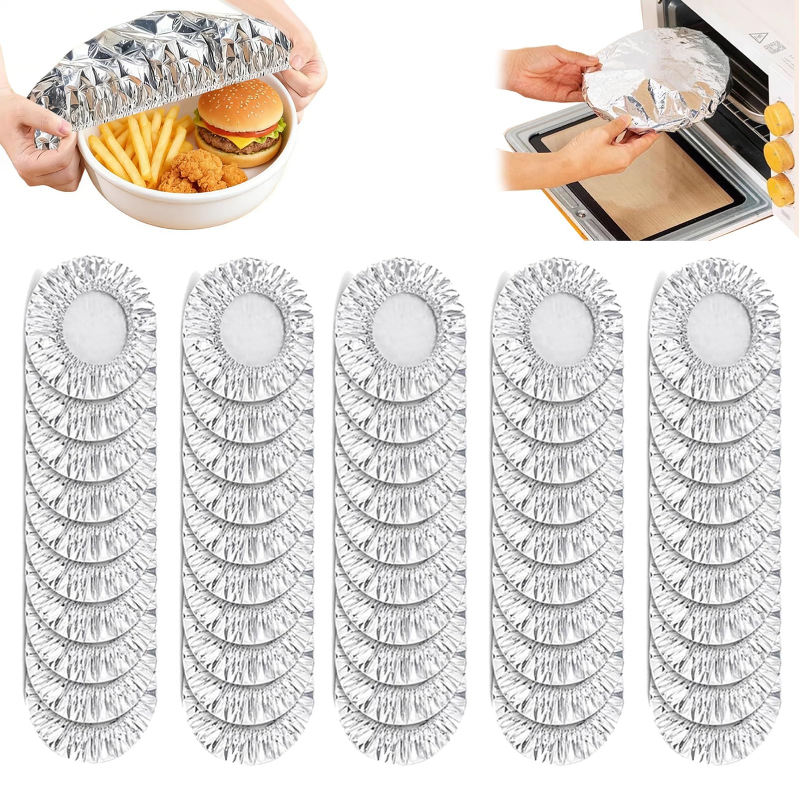Reusable Aluminium Foil Covers for Food, Insulated Stretch Foil Covers, Stretch to Fit Bowls & Plates, Heat-Resistant & Microwave Safe, Ideal for Kitchen Leftovers, Picnic & BBQ (50 PCS)