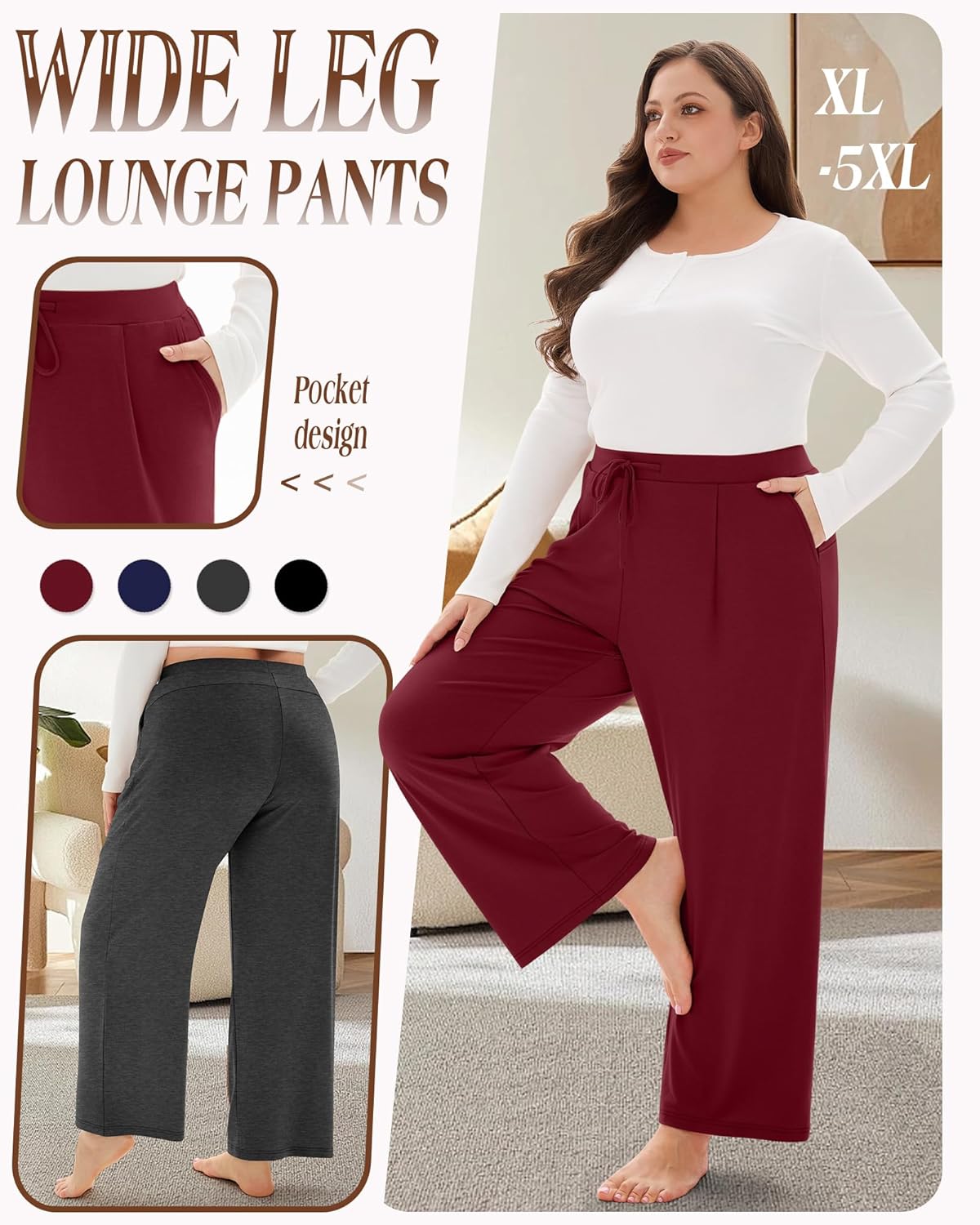 4 Pack Women's Plus Size Pants, Wide Leg Lounge Pants Drawstring Yoga Sweatpants Casual Workout Joggers with Pockets - Image 5