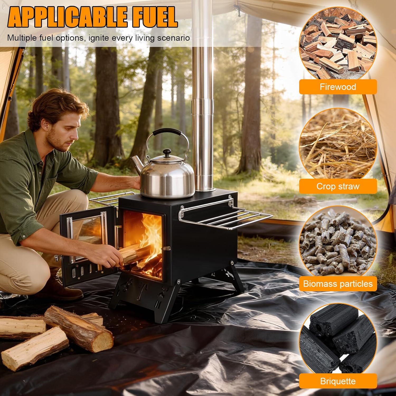 Portable Sauna Hot Tent Stove for Camping and Heat, 2 in 1 Wood Burning Stove, Camping Stove with 5 Pipes, Folding Stove for Outdoor Heating, Picnic, Cooking, Ice Fishing, Boiling Water