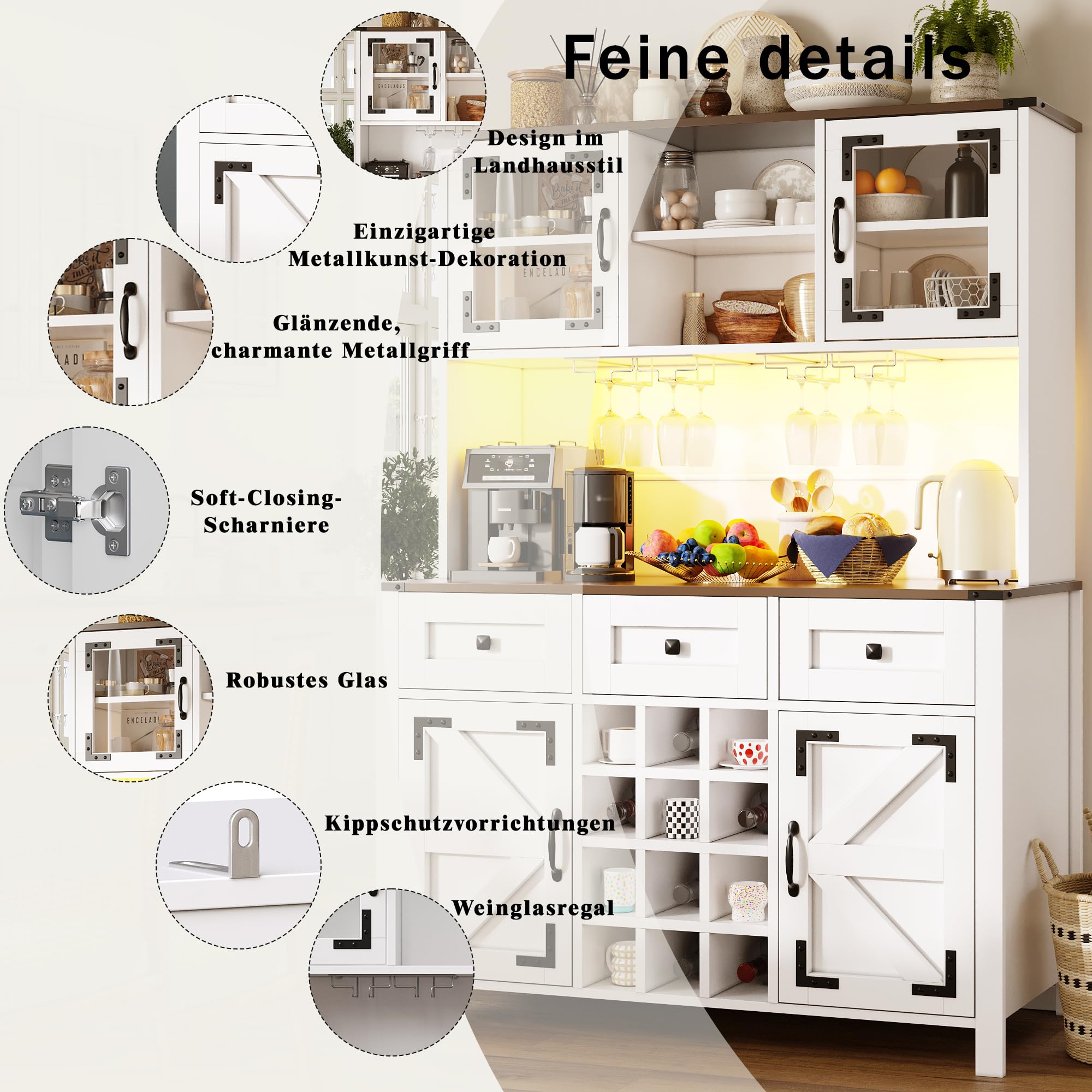 Küchenschrank mit LED-Lichtleiste und USB-Anschlüssen, Hochschrank mit Schublade und Aufbewahrungsschrank, Buffetschrank mit Weinregal, Weiß-B, 120x40x170 cm