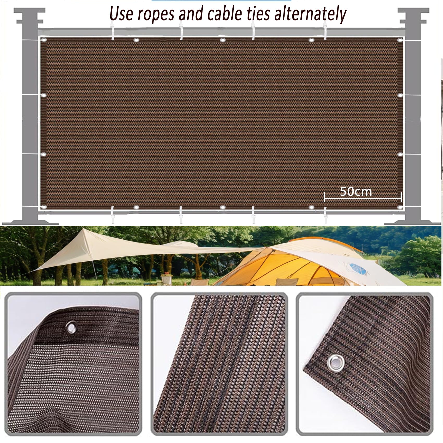 Rete Ombreggiante 0.6 x 1 m, HDPE 180G M²Protezione Della Privacy, Asciugatura Rapida e Antistrappo, Anti-Peeping, Balcone Schermi Protettivi con Fascette per Balcone, Marrone