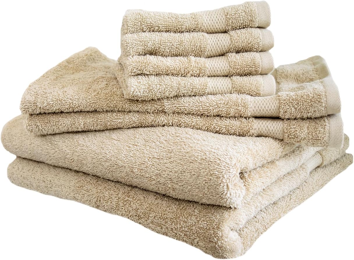 Cotton & Calm Exquisitely Luxurious 8 Piece Bath Towels Set - Beige Towel Set for Bathroom - 2 Bath Towels, 2 Hand Towels & 4 WashCloths - Super Absorbent & Soft Bathroom Towels Set