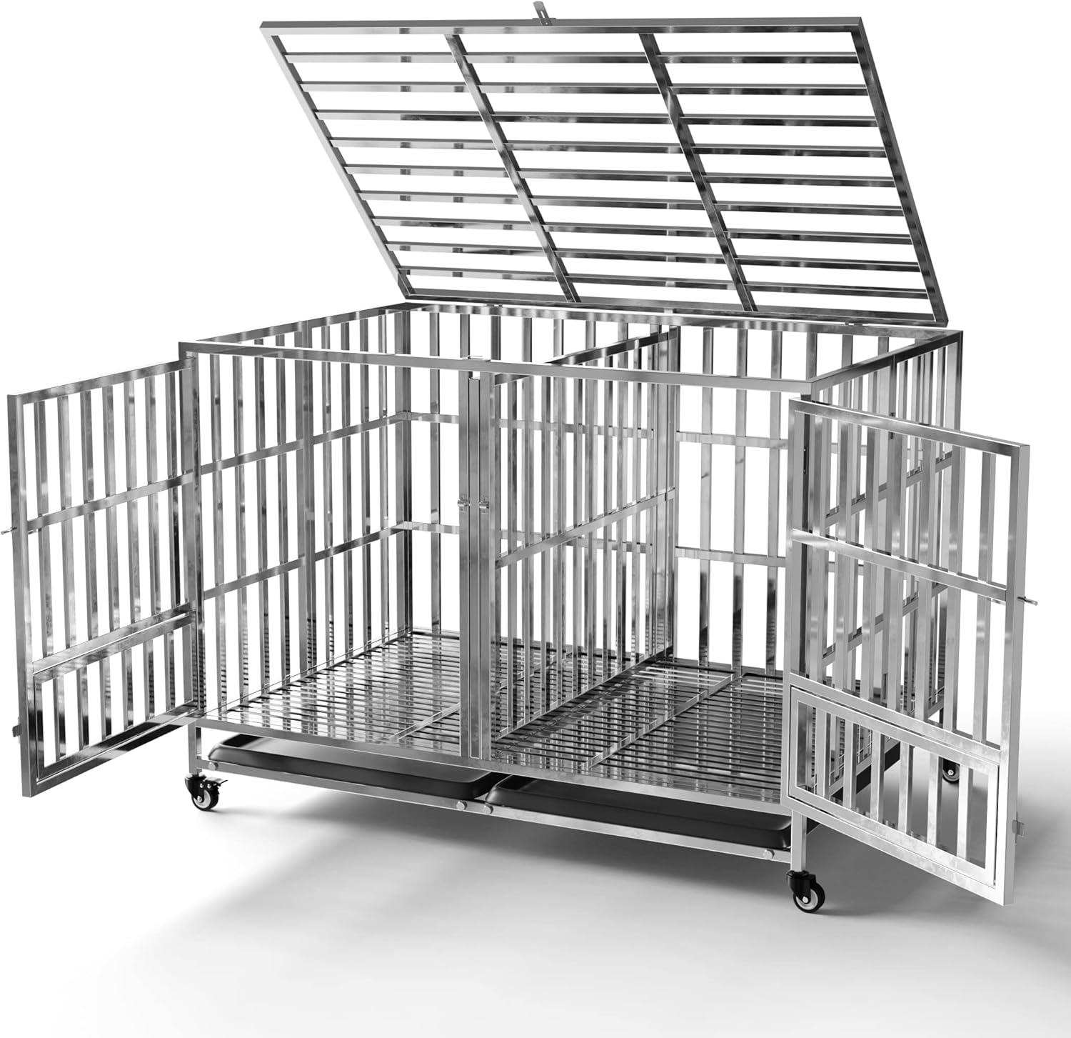 Collapsible Stainless Steel Dog Crate, Lockable Wheel, with Tray, Stackable, Heavy Duty, Divider, Indoor and Outdoor (48”)