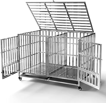 Collapsible Stainless Steel Dog Crate, 30" 37" 42" 48" Sizes, Lockable Wheel, with Tray, Stackable, Heavy Duty, Divider, Indoor and Outdoor 48insm