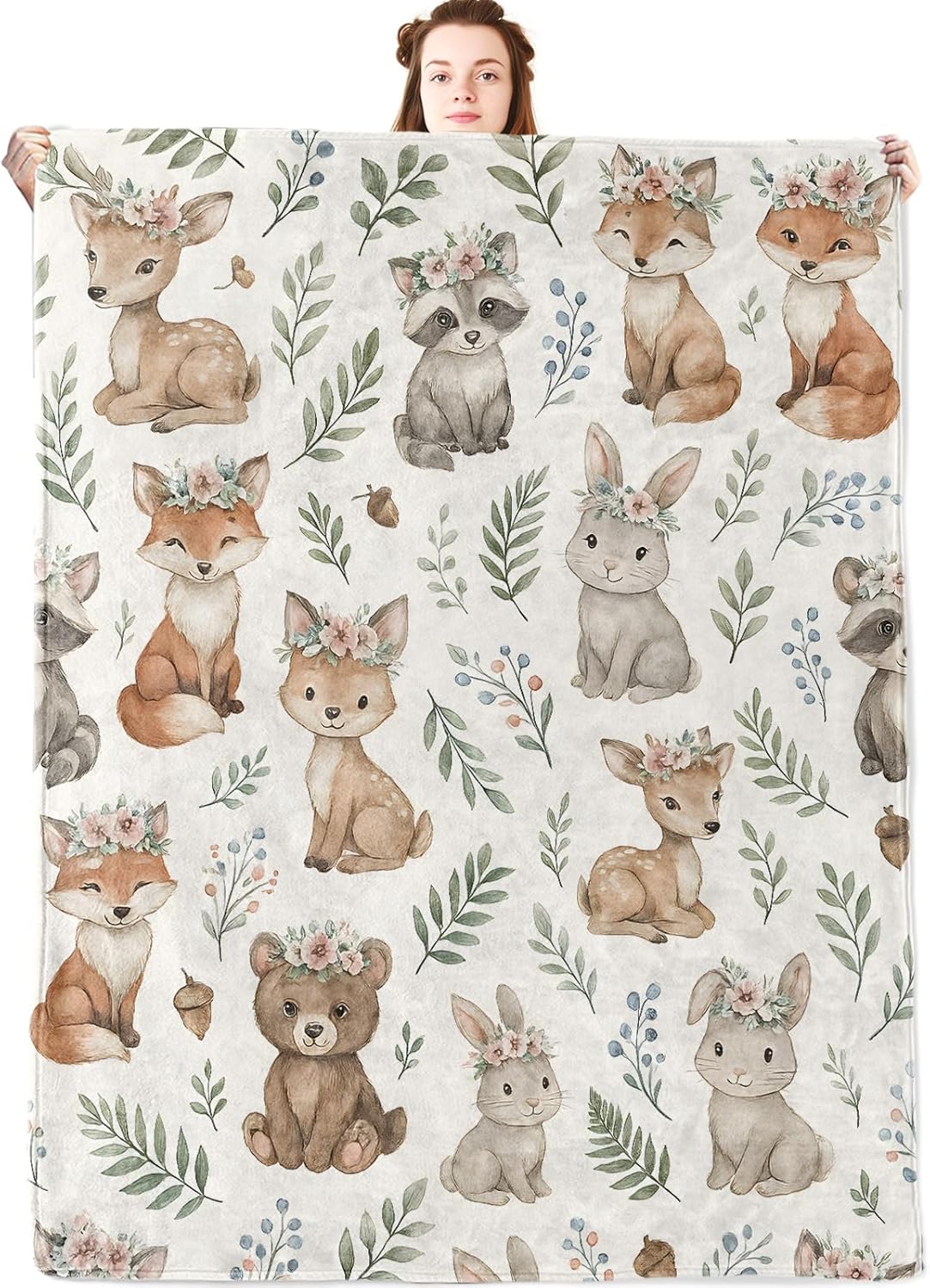 Woodland Animal Flannel Blanket,Watercolor Fox,Deer,Bunny,Raccoon and Bear Throw with Floral Crown and Leaf,Lightweight Fleece Blankets for Nature Lover,Couch,Bed,Camping Decor Gifts,60x50in