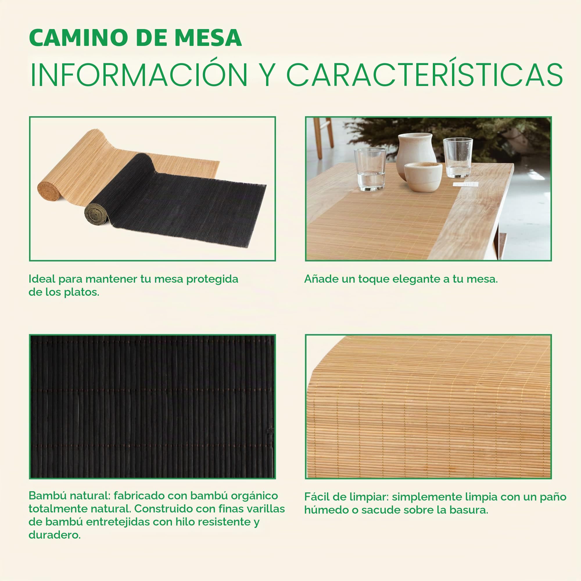 BambooMN Camino de Mesa Natural de bambú carbonizado, decoración del hogar, 1 Pieza