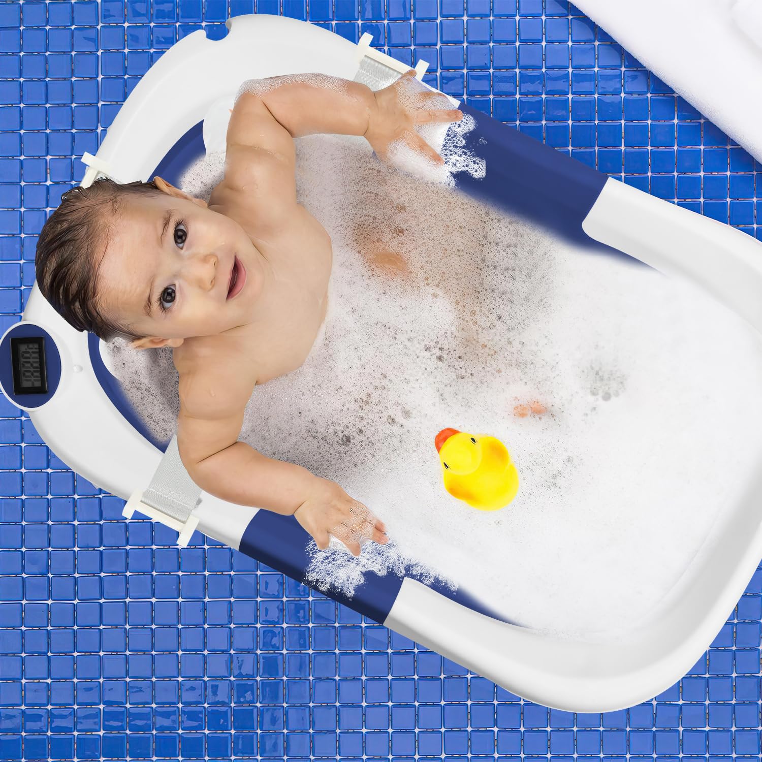 Daromigo Bañera plegable para bebé, con termómetro, con cojín suave, soporte antideslizante, ahorra espacio, para recién nacidos, color azul