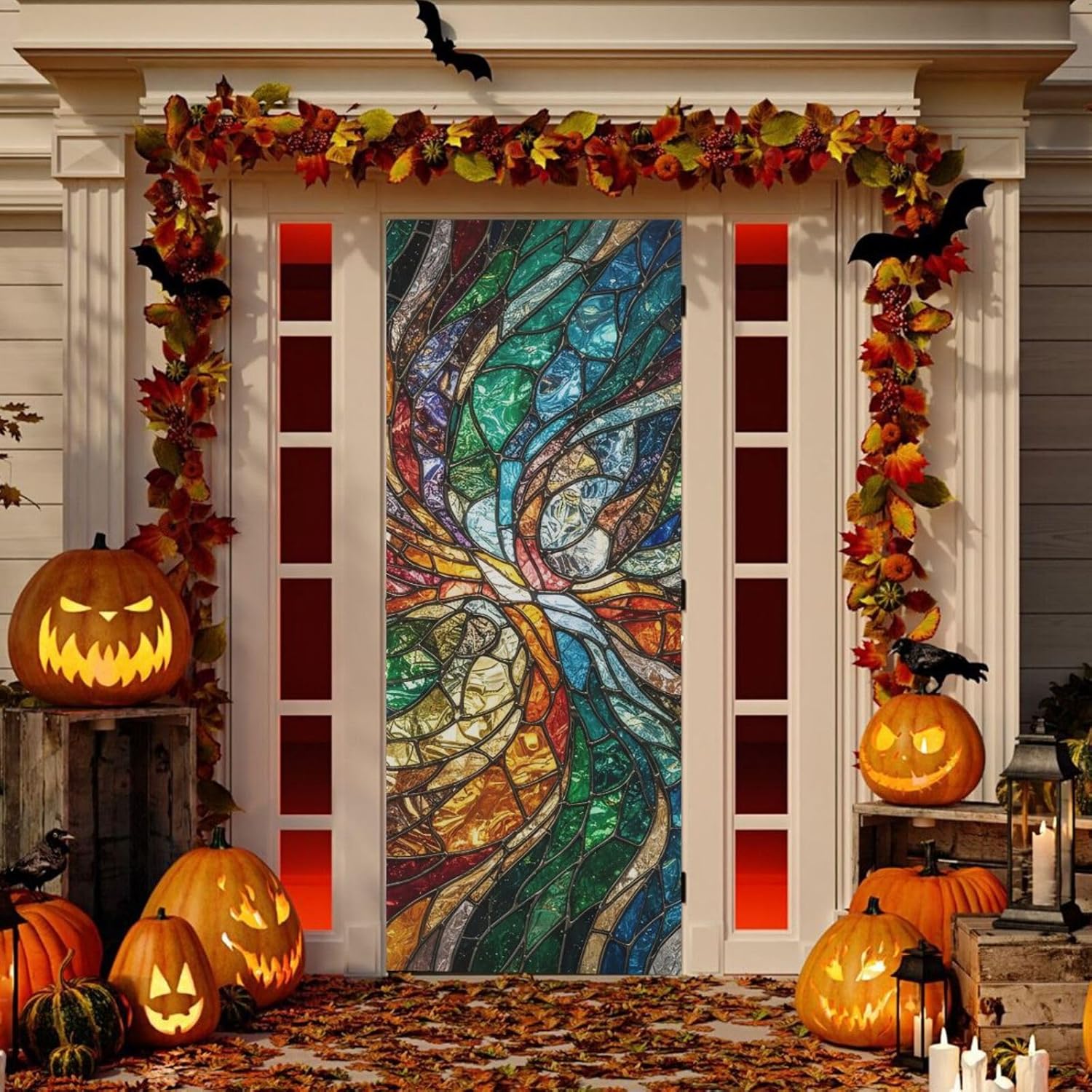 Qilmy Stained Glass Patterns Door Cover, Washable Stretch Waterproof Fabric Festive Front Door Cover for Home, Indoor Outdoor Holiday Party Decoration, 32x79 Inch