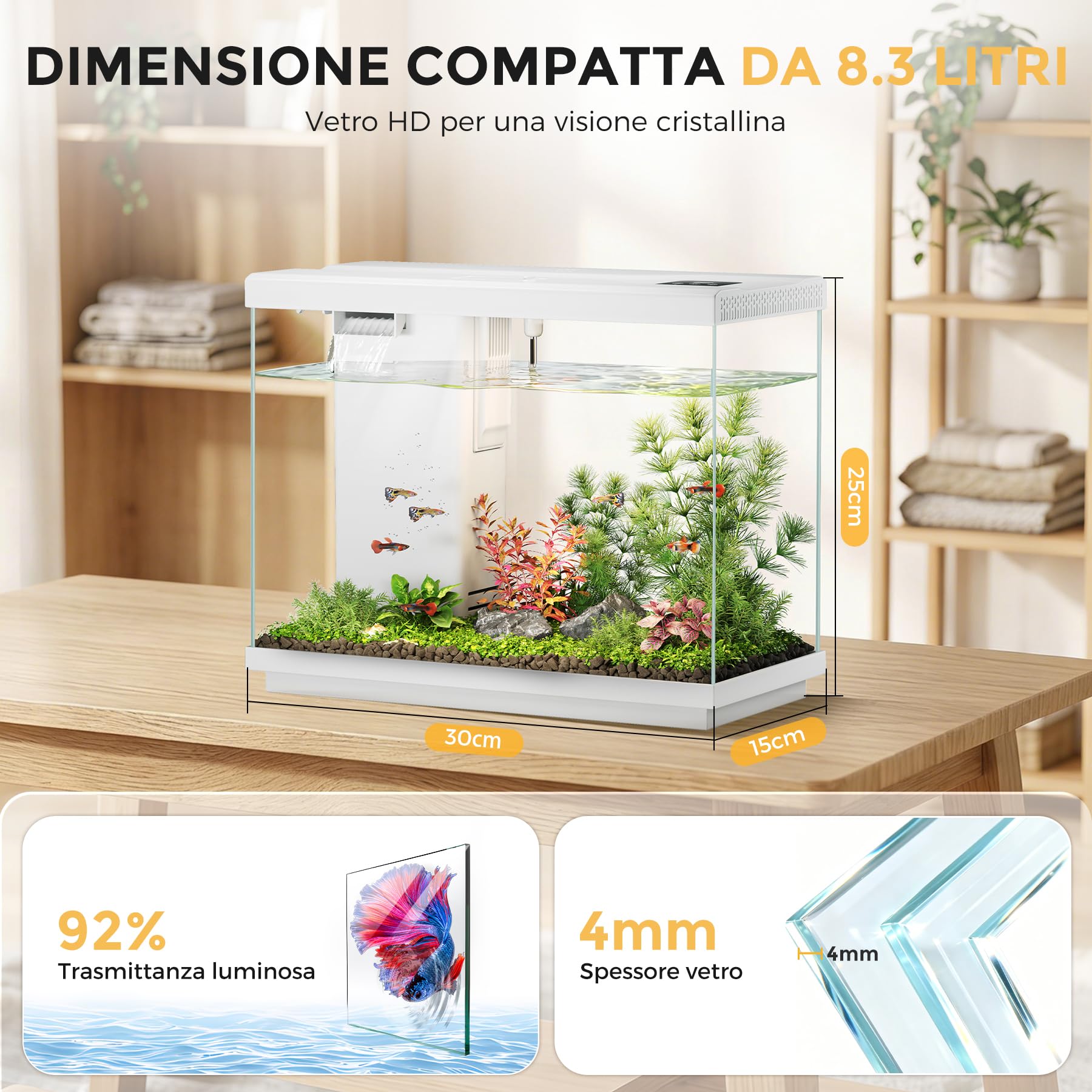 Acquario Completo 8,3 L, Acquario per Pesci Rossi Bianco | Filtro 4 in 1, pompa silenziosa, illuminazione LED a 8 colori, ventilatore, display temperatura, ideale per casa e ufficio