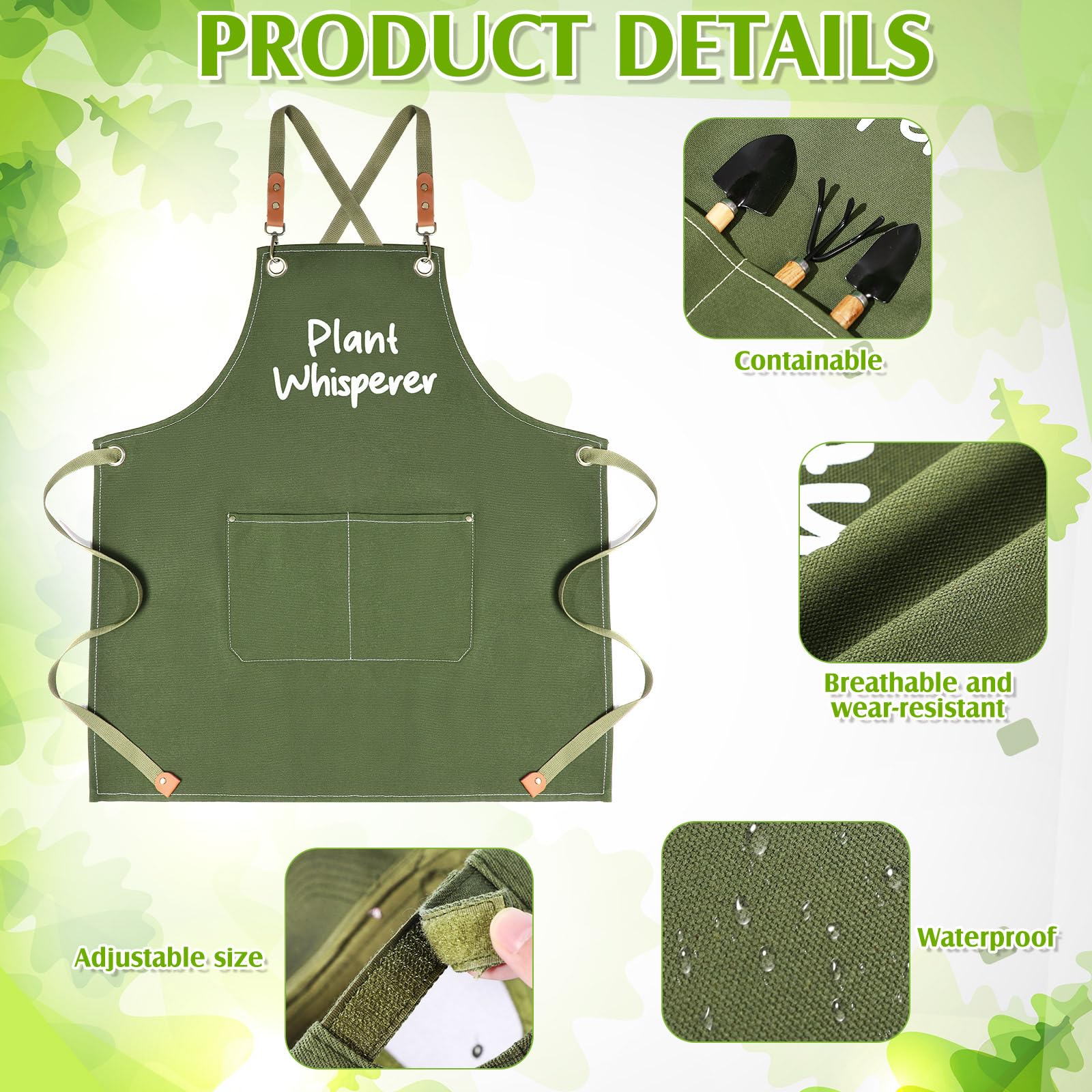 Tarpop Juego de herramientas de jardín verde, regalos de jardinería para mujeres, kit de herramientas de plantación de hortalizas de 7 piezas con tapa, delantal de lona, guantes de hojas verdes,