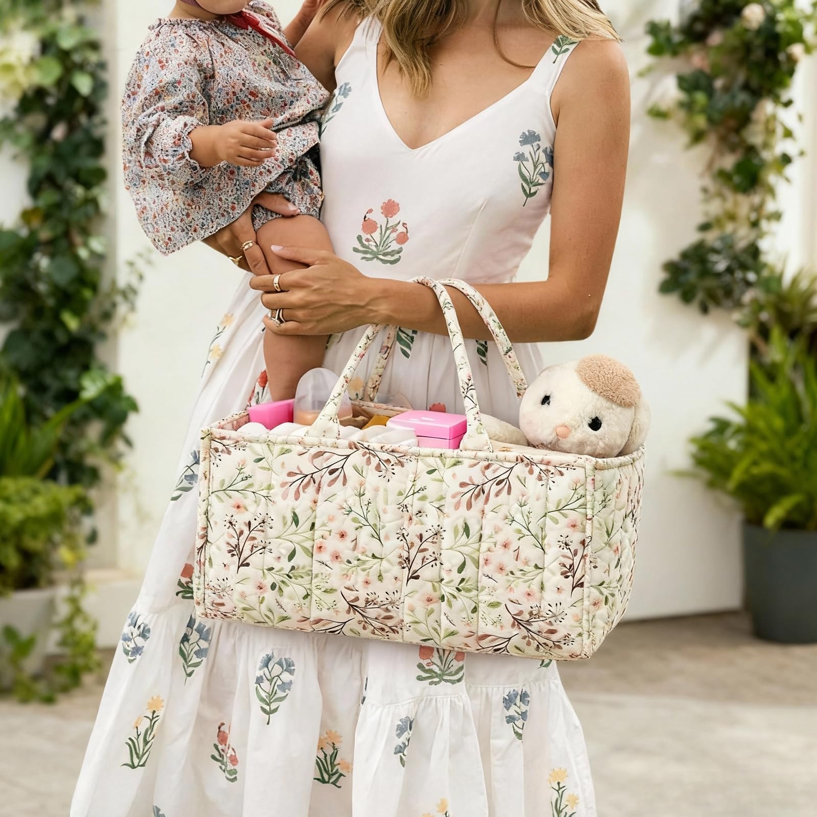 Newborn Essentials - Organizer per pannolini per bambini, 38 x 25,5 x 18 cm, con scomparti e maniglie, organizer portatile per pannolini e oggetti per bambini (beige)