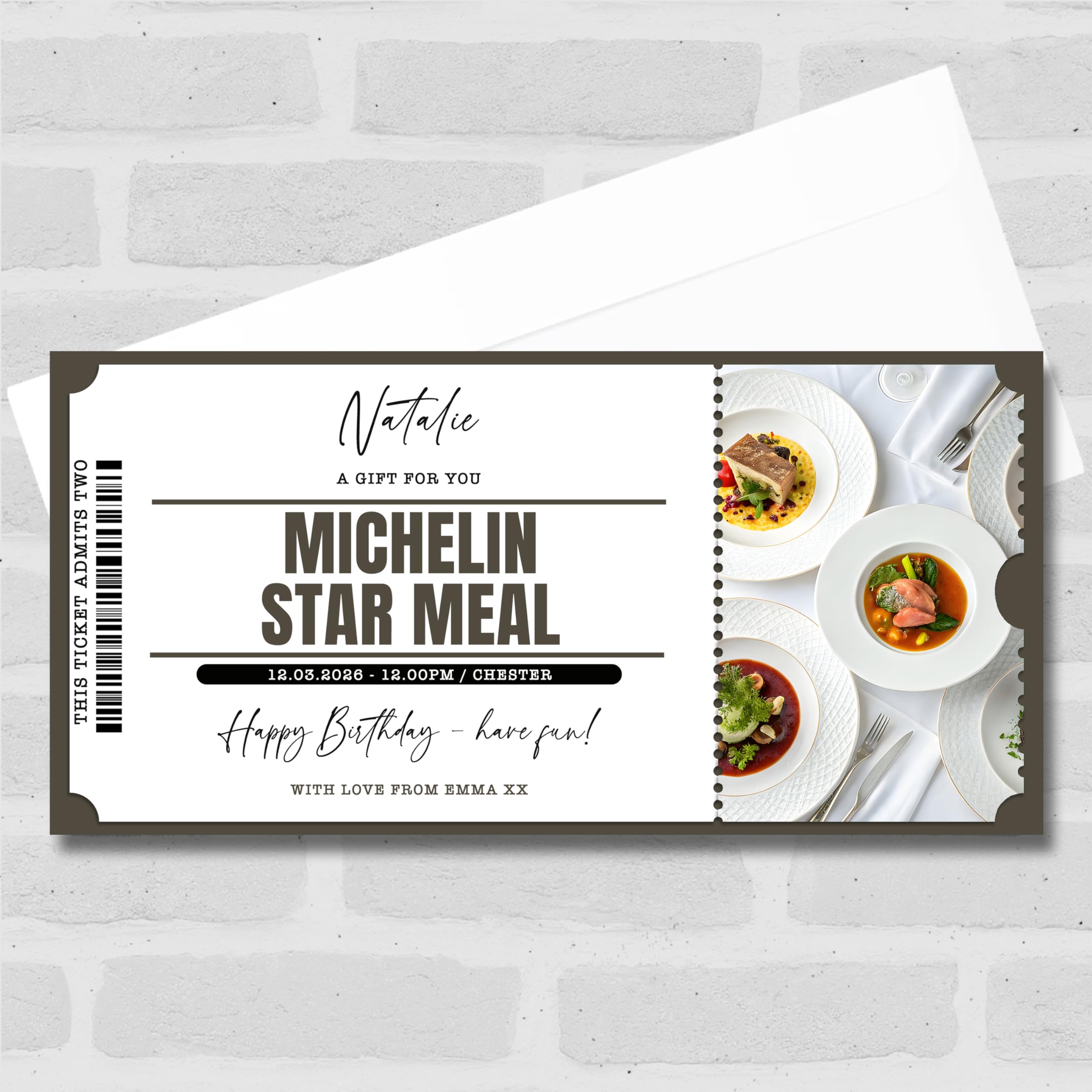 Greetings Card - Michelin Star Meal Personalised Surprise Ticket Gift Voucher | Custom Greetings Card | Surprise Reveal Voucher Spoof Ticket