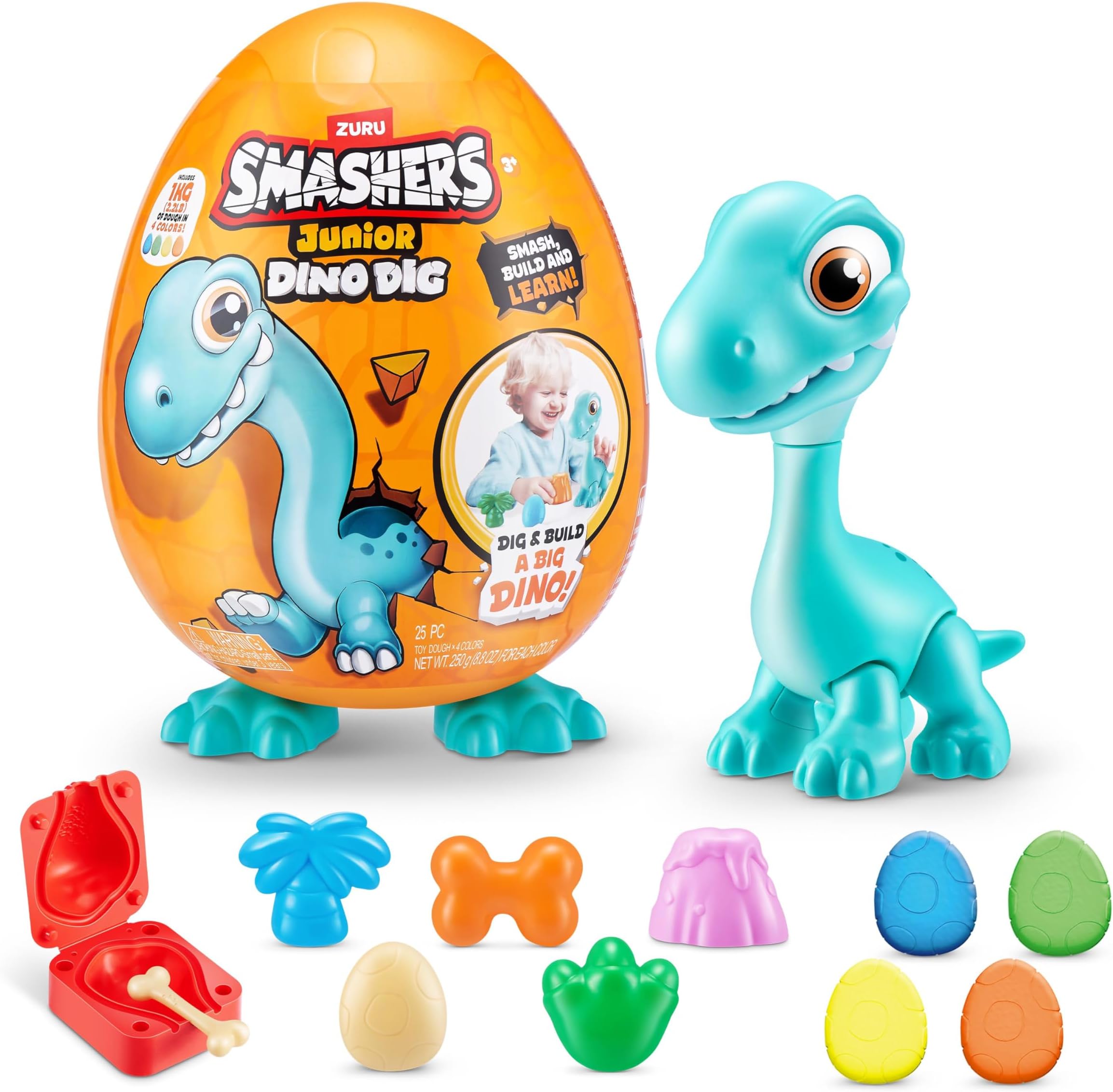 Smashers Junior Dino Dig Large Egg (Raptor) 12+ Surprises Compounds Mold Dinosaur Preschool Toys for Kids Build Construct Sensory Play 18 months to 3 years