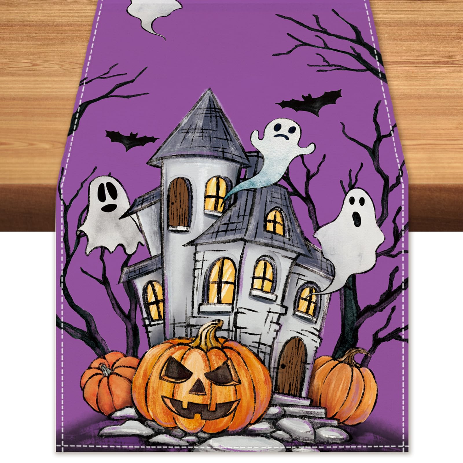 Halloween Pumpkin Boo Ghosts Table Runner Spooky Haunted House Burlap Table Runners, Autumn Seasonal Coffee Table Center Decor for Home Kitchen Dining Party Indoor Outdoor 13x90 Inch