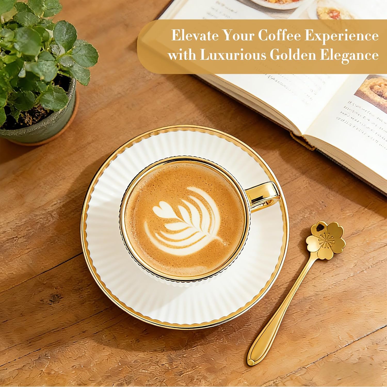 Cappuccino Cups Set of 4, 7oz Espresso Cups Set with Saucers and Spoons, Gold Trim Ceramic Coffee Tea Cups for Latte, Mocha, Au Lait, Dishwasher & Microwave Safe, Art Deco (Gold Striped/200ml)