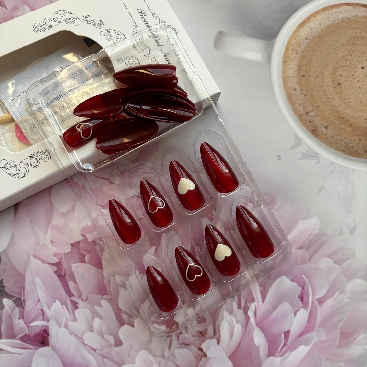 Valentines Press on Nails Wine Red Hearts Fake Nails Medium Almond False Nails with Red Shining Heart Designs White Heart Glue on Nails Valentine Stick on Nail Cute Acrylic Nail Full Cover Artificialv