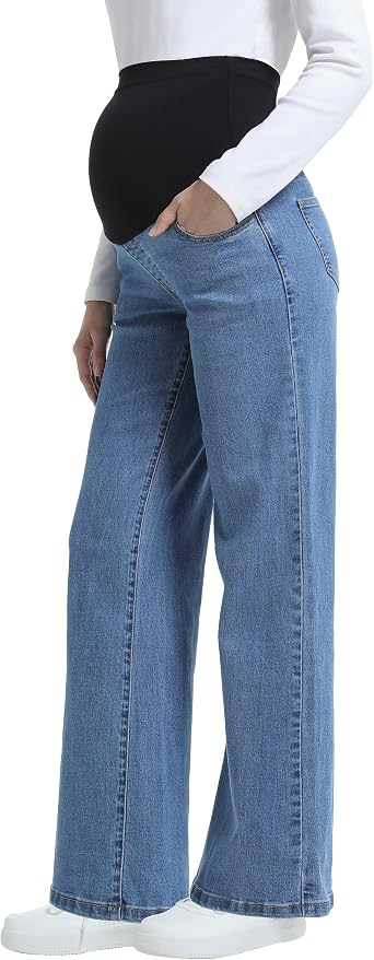 Maternity Jeans Wide Leg Stretchy Denim Pants | Over Belly, Comfy Soft Fabric, Loose Straight Leg Jean, Pregnancy Work Casual Denim Pants, Trendy Maternity Clothes
