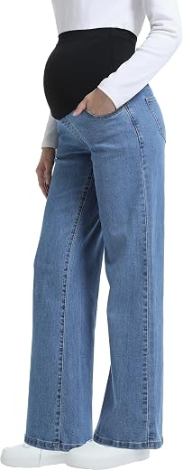 CFRTMTBB Women's Maternity Jeans Wide Leg Over Belly Comfy Stretch Straight Legs Pregnancy Denim Pants with Pockets