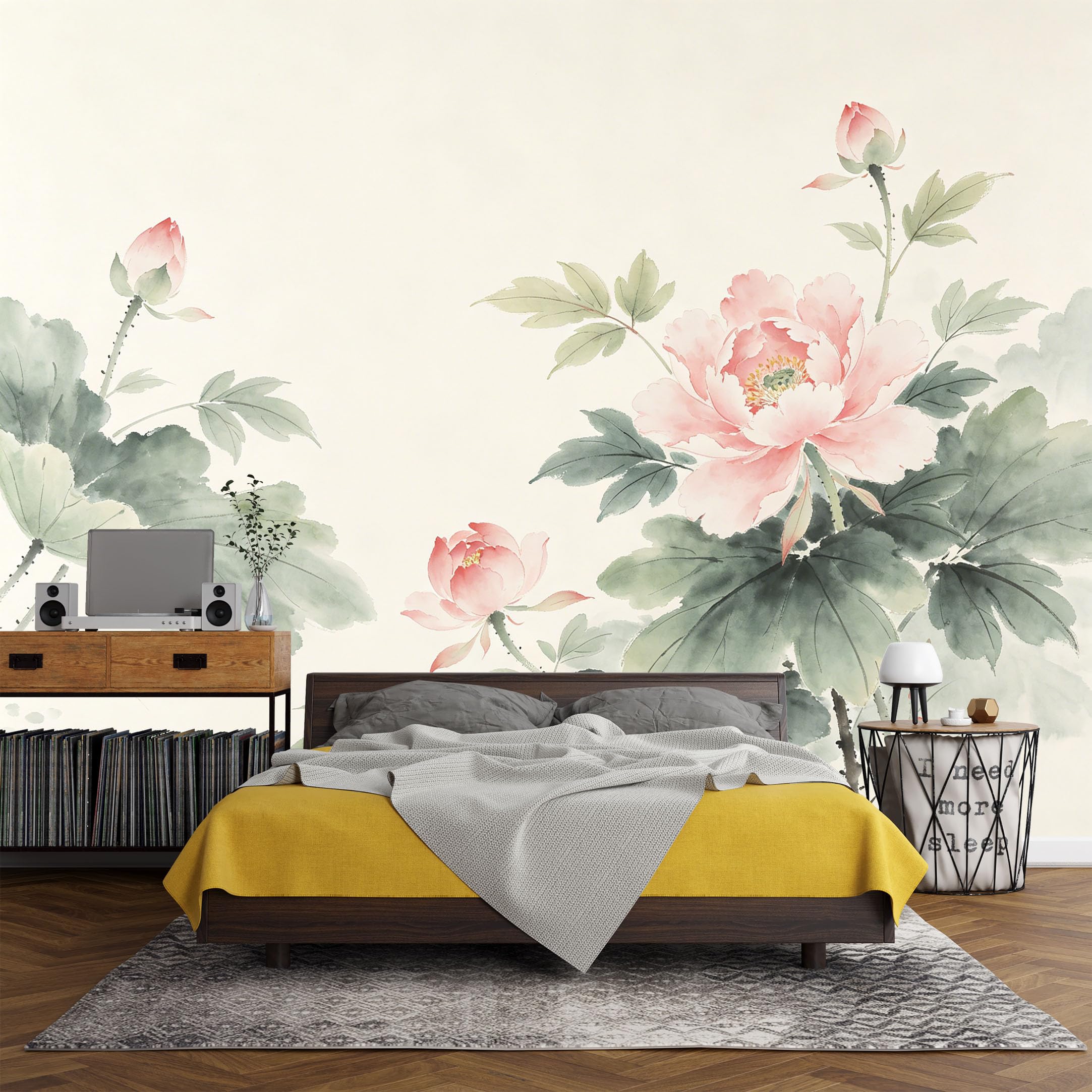 Custom Size Wall Mural， Watercolor Peony Blossom Botanical Oriental Floral Art，SelfAdhesive Art Prints wall Fabric (No PVC) Removable Wallpaper Living Room Decor