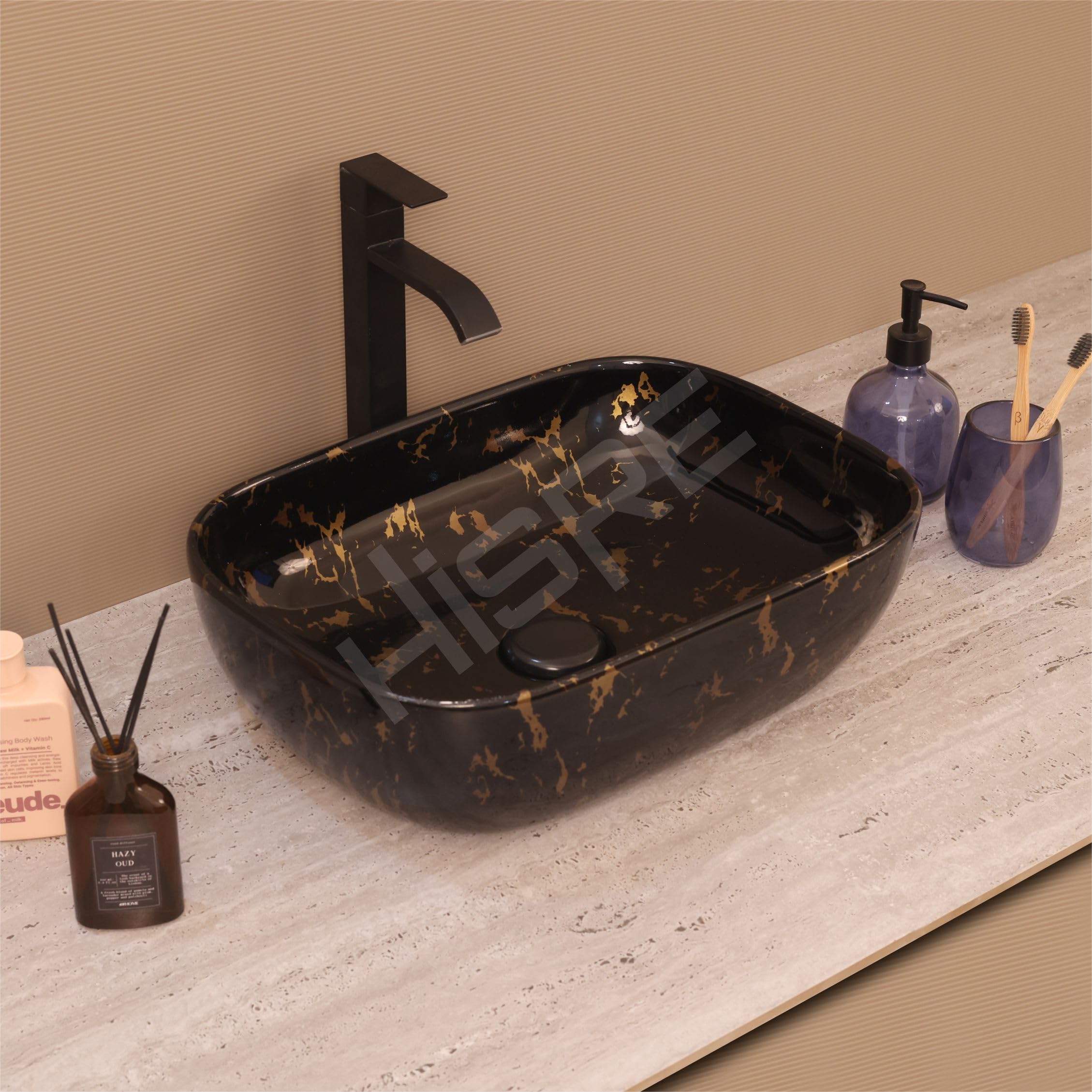 HISRE Table Top Wash Basin For Bathroom | Over Counter Top Wash Basin For Living Room | Washbasin Countertop | Tabletop Ceramic Bathroom Kitchen Sink (45 x 33 x 13 CM) (Black- SKTPR1024)