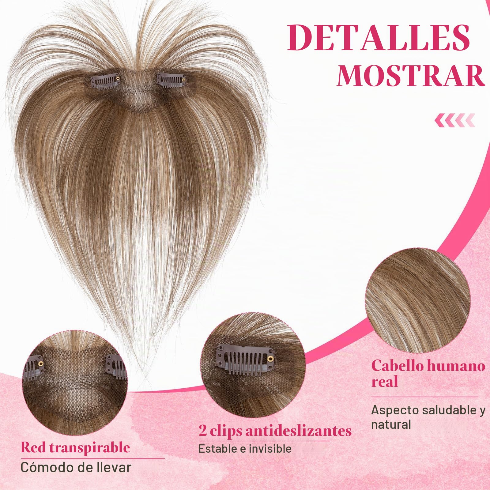 MY-LADY Clip-in Flequillo en Cabello Natural 100% Remy - Extensiones Francesas con Mechas Auténticas para Mujer (Brun Moyen/Blond Foncé, con 2 clips)