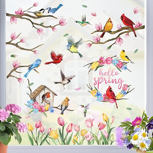 Miniatura 4 de Mfault Hello Spring Birds - Calcomanías de pared para ventana, 9 hojas, tulipán, flores, cardenal, colibrí, pájaro, pájaro, pájaro, decoración de