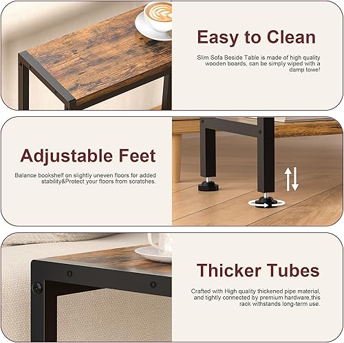 Miniatura 5 de Mesa auxiliar estrecha para espacios pequeños, mesa auxiliar pequeña de 2 niveles con soporte para estantes, mesita de noche delgada, mesa de sofá