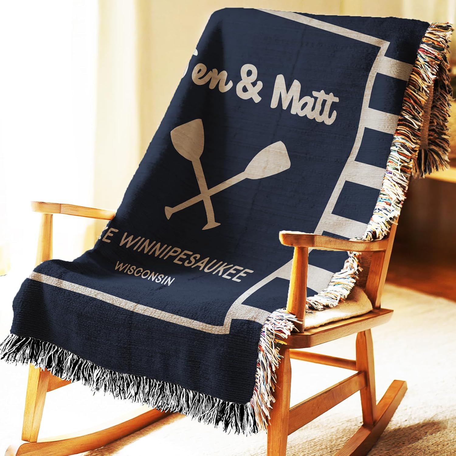 Lake House Woven Throw Blanket. 50x60 Customize with Family Names, Your Lake. Navy Blue Nautical Decor. Great for Anyone Who Loves Boating, Kayaking, Fishing or Life on the Water!