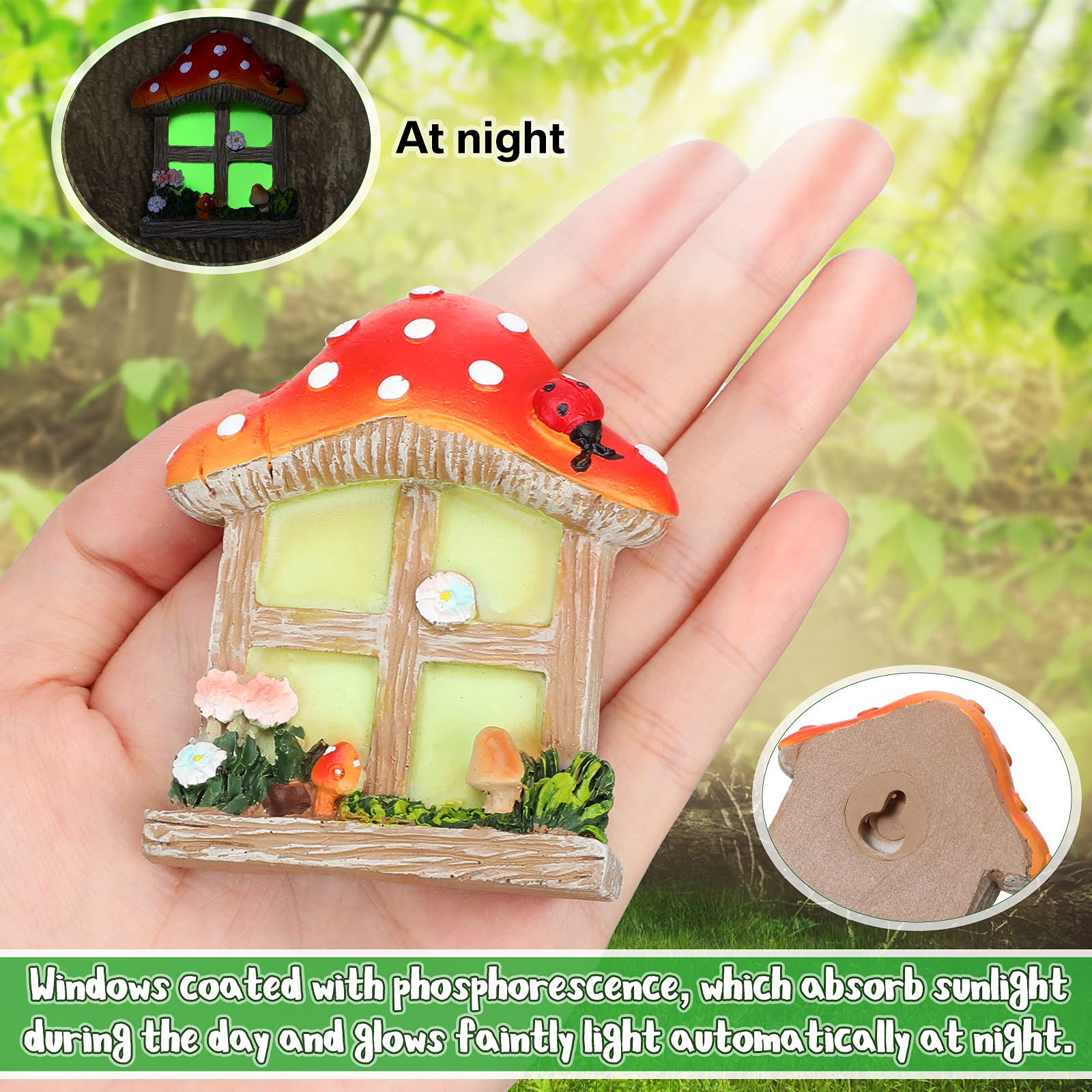 Syhood Miniatura Domestica Finestra e Porta con Lampada Lettiera Bagliore nel Buio Porta per Dormire delle Fate Finestra Cortile Scultura da Giardino per Decorazione Alberi Giardino (Stile Fungo)