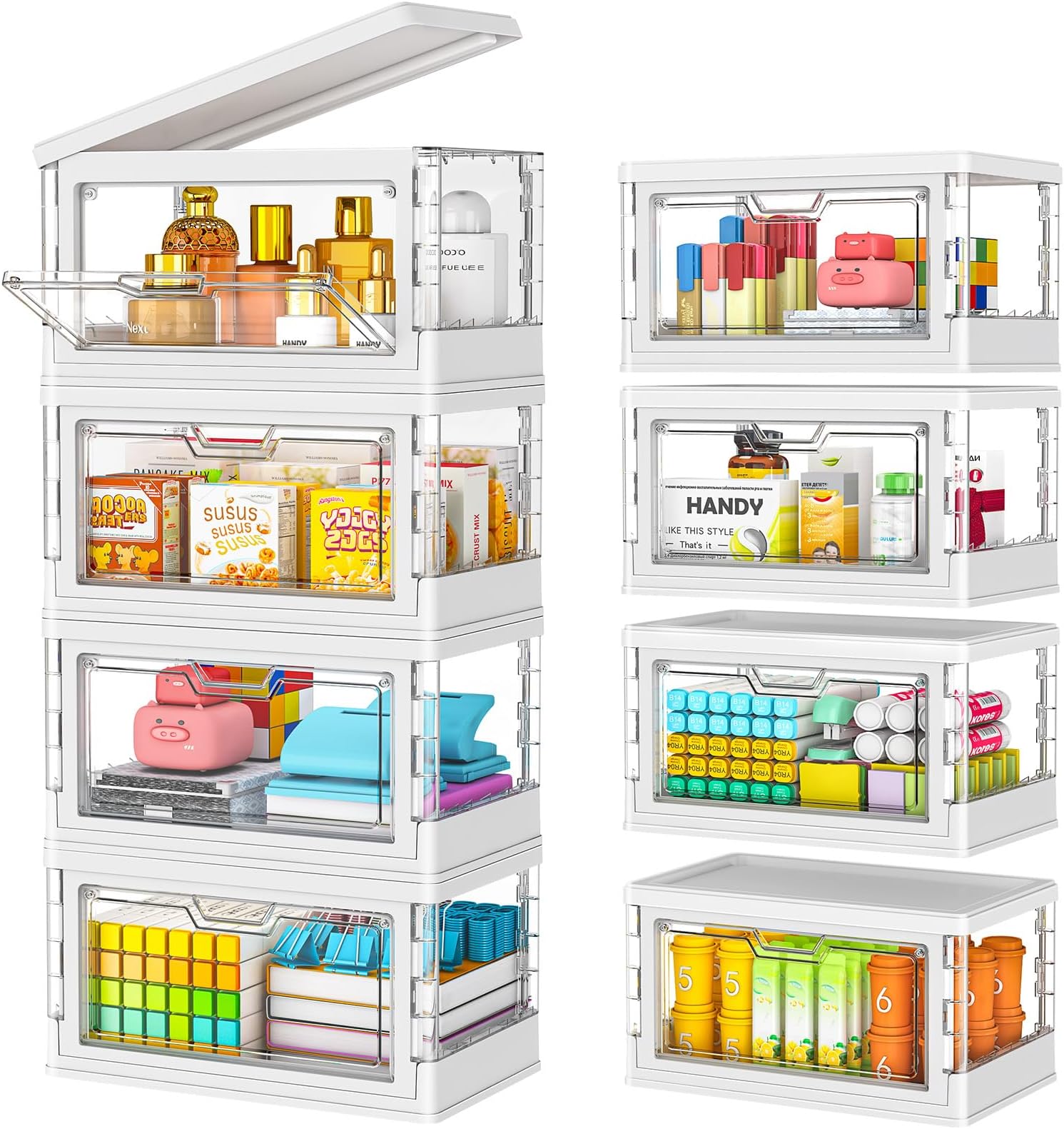 8 Pack Stackable Storage Boxes with Lid - Multifunctional & Foldable Storage Box for Lego, Snacks, Stationery and Desk Supplies, Ideal for Desktop Storage Clear Containers